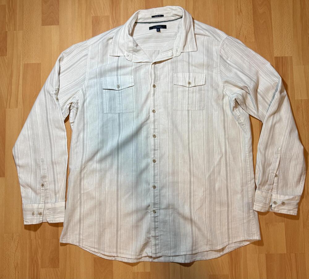 Marc Anthony Shirt Mens 2XL Beige Stripe Slim Fit Linen Cotton Button Up Casual